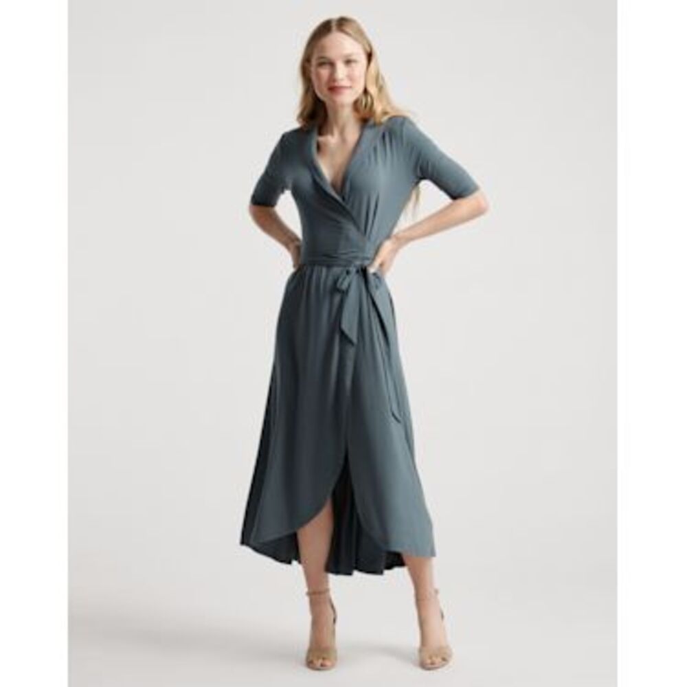 Quince Tencel Jersey Midi Wrap Dress Dark Olive Basic Sleeved M